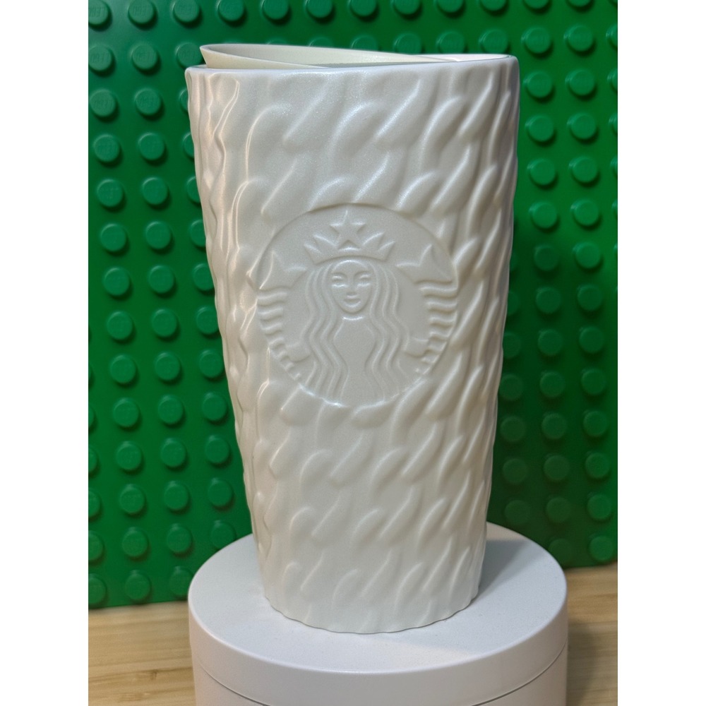 Starbucks White Pearl Cable Knit Sweater Ceramic Travel Tumbler Mug 12oz 2025